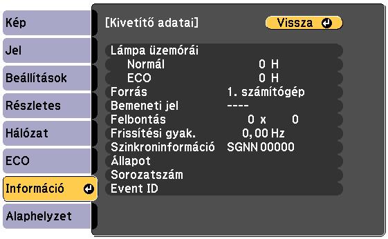 A kivetítő dtink megjelenítése - Információ menü 118 Az Információ menü megnyitásávl megtekintheti kivetítő dtit és verziószámát, zonbn menü beállításit nem módosíthtj.