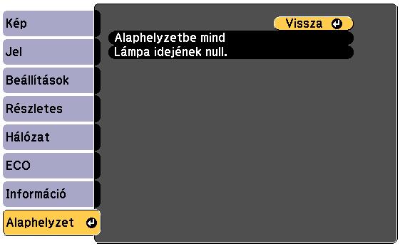 Kivetítő-visszállítási opciók - Alphelyzet menü 120 A kivetítő beállításink többségét visszállíthtj lpértelmezett értékre, h kiválsztj z Alphelyzetbe mind opciót z Alphelyzet menüben.