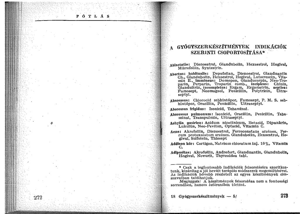 PÓTLÁS A GYÓGYSZERKÉSZÍTMÉNYEK INDIKÁCIÓK SZERINTI CSOPORTOSÍTÁSA* Ablactatio: Dienoestrol, Glanduboiin, Hexoestrol, Hoglvat, l\iikrofollin, Syntes~rin.