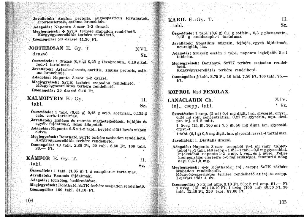 Javallatok: Angina pectoris, angiospasticus folyamatok? arteriosclerosis, asthma bronchiale. Adagolás: Napon:ta 3-szor 1-2 drazsé. Megjegyzések: >fc SzTK terhére szabadon.rendelhető.