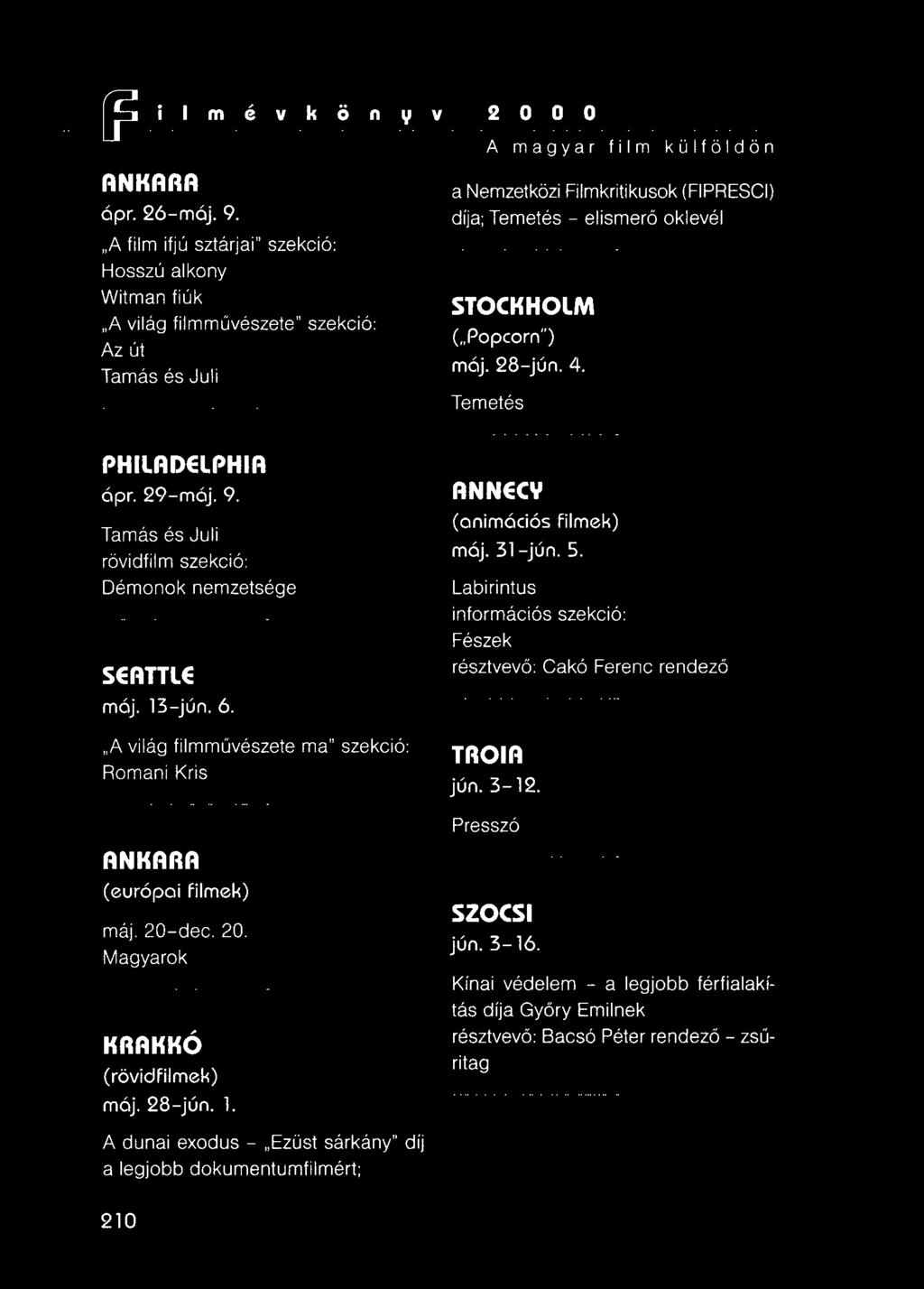 oklevél STOCKHOLM ("Popcorn") máj. 28-jún. 4. Temetés PHilADELPHIA ápr. 29-máj. 9. Tamás és Juli rövidfilm szekció: Démonok SEATTlE máj. 13-jún. 6.
