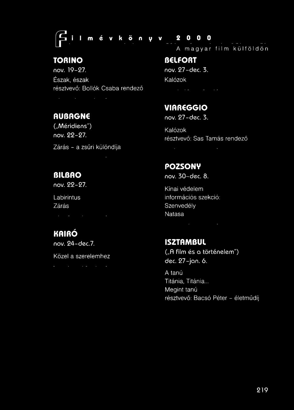 27 -dec. 3. Kalózok résztvevő: Sas Tamás rendező BllBAO nov. 22-27. Labirintus Zárás POZSONY nov. 30-dec. 8.