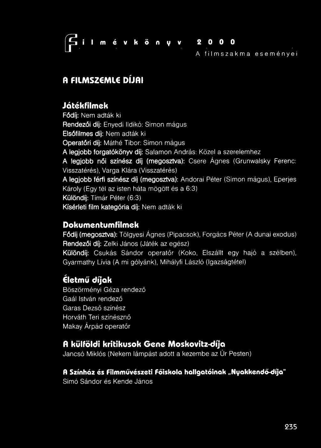 (megosztva): Andorai Károly (Egy tél az isten háta mögött és a 6:3) Különdíj: Tímár Péter (6:3) Kísérleti film kategória díj: Nem adták ki Péter (Simon mágus), Eperjes Dokumentumfilmek Fódíj