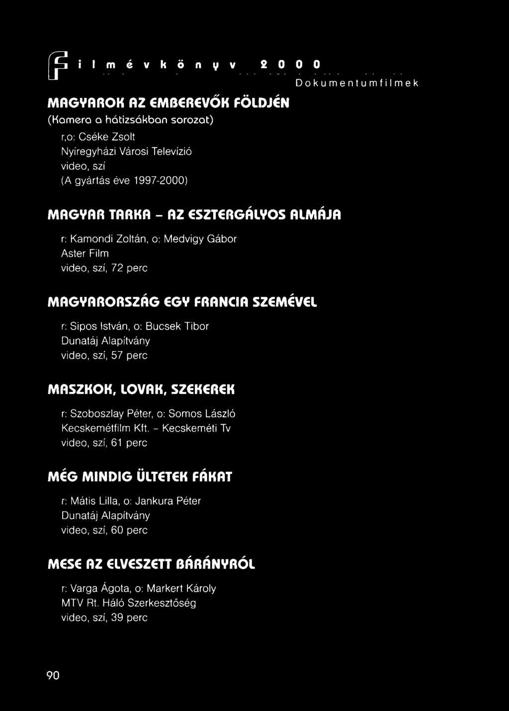 Alapítvány video, szí, 57 perc MASZKOK, LOVAK, SZEKEREK r: Szoboszlay Péter, o: Somos László Kecskemétfilm Kft - Kecskeméti Tv video, szí, 61 perc MÉG MINDIG ÜLTETEK FÁKAT