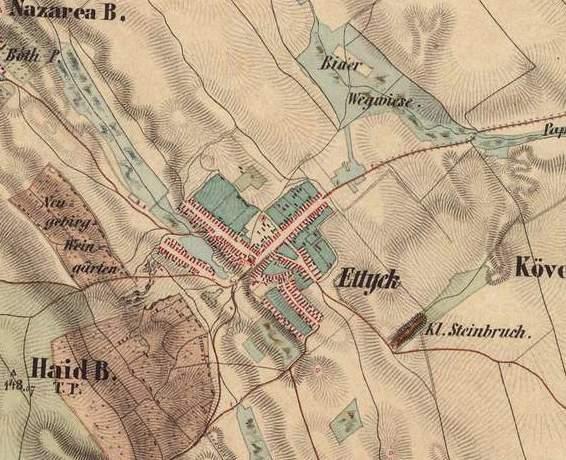 10 ETYEK II. KATONAI FELMÉRÉS 1850-1855 A II. Habsburg katonai felmérésből kiderül, hogy a település magja és a szőlőművelésre használt területek már XIX.