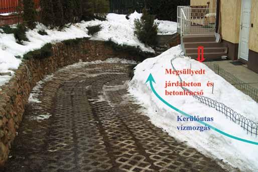 Az elemekből rakott garázslejáró és az épület körüli járda megsüllyedt, megbillent betontáblái, melyek a járda alatti