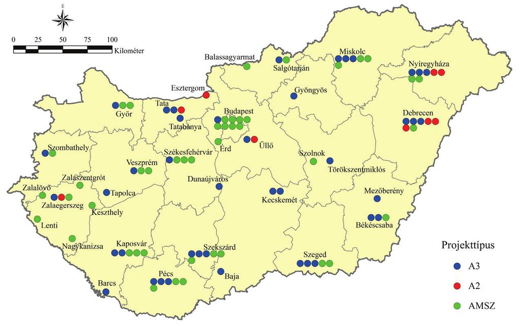 Országos Munkaerő-piaci Szolgáltató és Szakmai Támogató Hálózat A hálózati tagságot lehetővé tévő projektek országos jelenlétét a projektmegvalósítási helyszínek (összesen 95 db) segítségével a