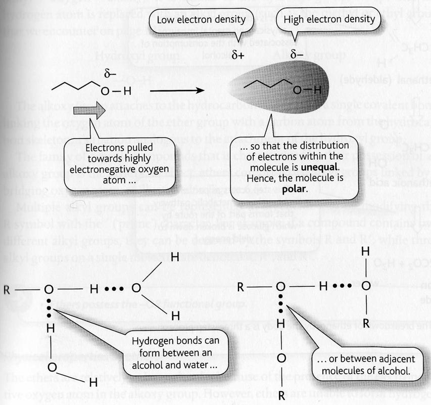 Samples Az alkoholok poláris molekulák. Az elektronok a nagy elektronegativitású oxigén atom felé tolódnak, torzítva a molekula mint egész elektroneloszlását.