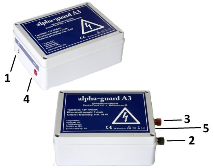 alpha-guard A3 villanypásztor készülék Használati útmutató 1. 12V-os bemeneti csatlakozó: - hálózati adapterhez - akkumulátoros csipeszhez 2. Föld csatlakozási kivezetés a földeléshez 3.