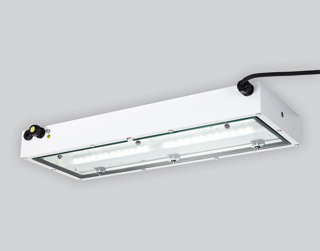 15 6012/5 LED fémházas fénycsőarmatúra 28 W-os és 52 W-os kivitel Védelmi mód: Ex II 2 G Ex d e IIB T6 Gb Alkalmazható: Zóna 1, 2, 21 és 22 Reteszkapcsolóval, amely a búra nyitásakor