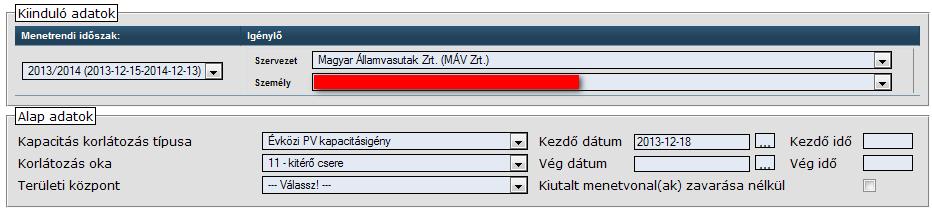 a vágányzár kezdő és végdátumát éééé-hh-nn és óó:pp formátumban amennyiben a kapacitáskorlátozás kiutalt menetvonalakat nem érint, abban az esetben a checkbox -ban ezt meg kell jelölni (2016/17-es