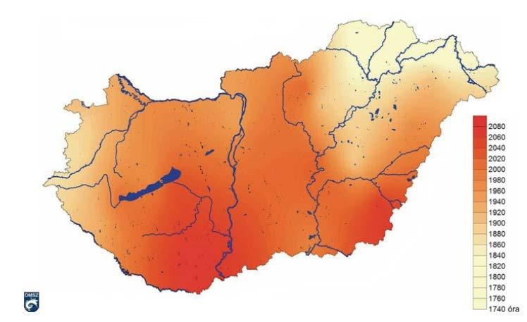 Évi napsütéses órák száma