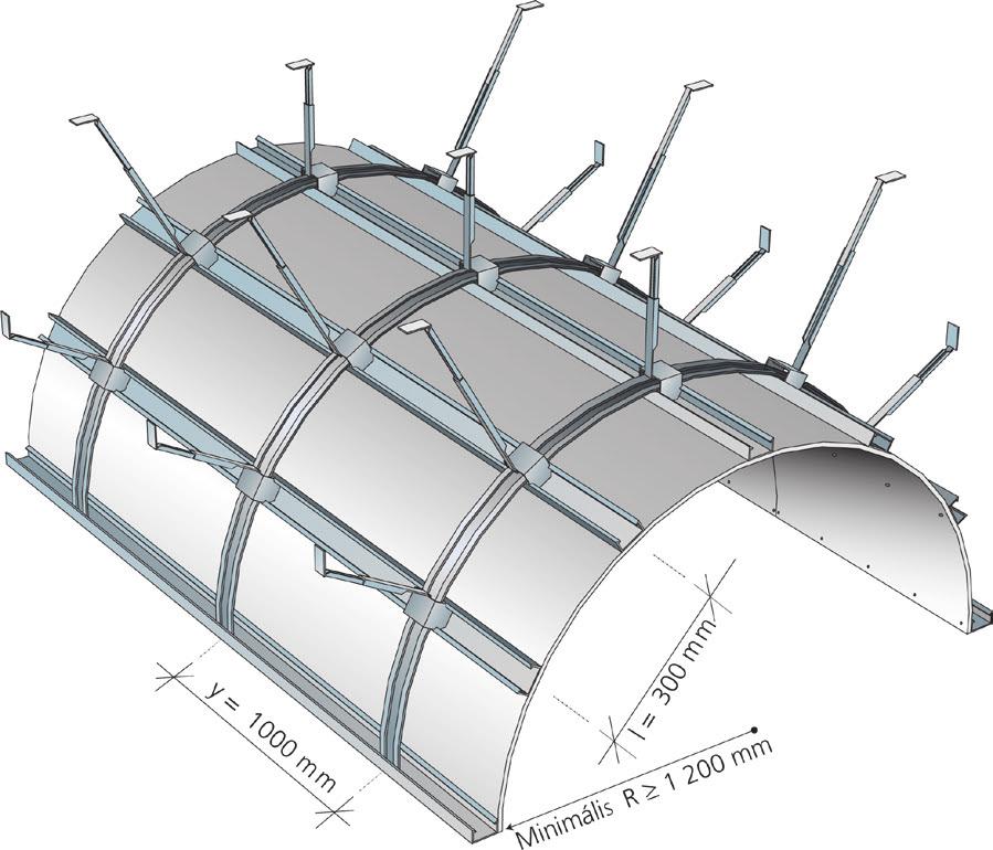 Az ív alakját, a mennyezethez (esetleg falhoz) rögzített, 59x7 méretû hajlítható fôtartó profilokból (nem része a Rigips szállítási programnak) képezzük ki, nóniusz függesztôk segítségével.