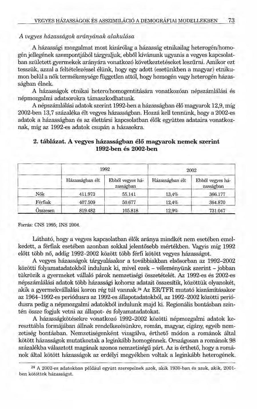VEGYES HÁZASSÁGOK ÉS ASSZIMILÁCIÓ A DEMOGRÁFIAI MODELLEKBEN 73 A vegyes házasságok arányának alakulása A házassági mozgalmat most kizárólag a házasság etnikailag heterogén/homogénjellegének