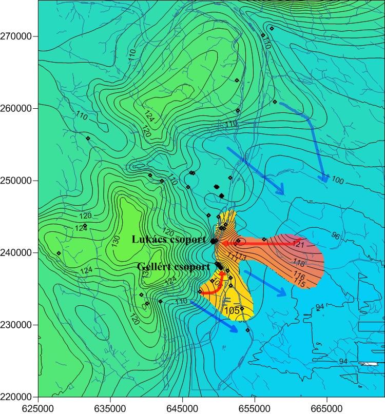 7. ábra A zöldeskék rész a karsztvíz-domborzat Lorberer Á. (2003) után módosítva. A termál-kutak esetében a geotermikus állapotra lehűlt vízszinteket tartalmazza.