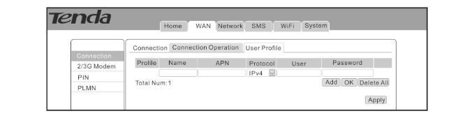 2 Válassza a WAN>Connection> User Profile kattintson az ADD lehetőségre a