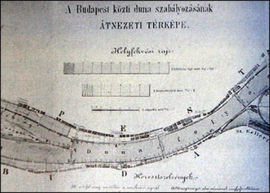 45. ábra A Duna szabályozása (Forrás: egykor.hu) A Duna budapesti szakaszának legkeskenyebb része a Gellérthegynél van, kb. 300 m.