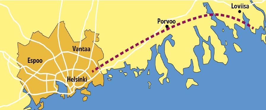2. ábra: Loviisa és Helsinki közötti távhő útvonala [2e] A 2. ábrán látható a megvalósítani kívánt útvonal.