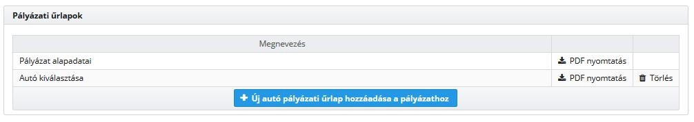 A pályázat létrehozása után választható(k) ki a megpályázni kívánt tisztán elektromos gépjármű(vek) típus és kiválasztott Kereskedő,