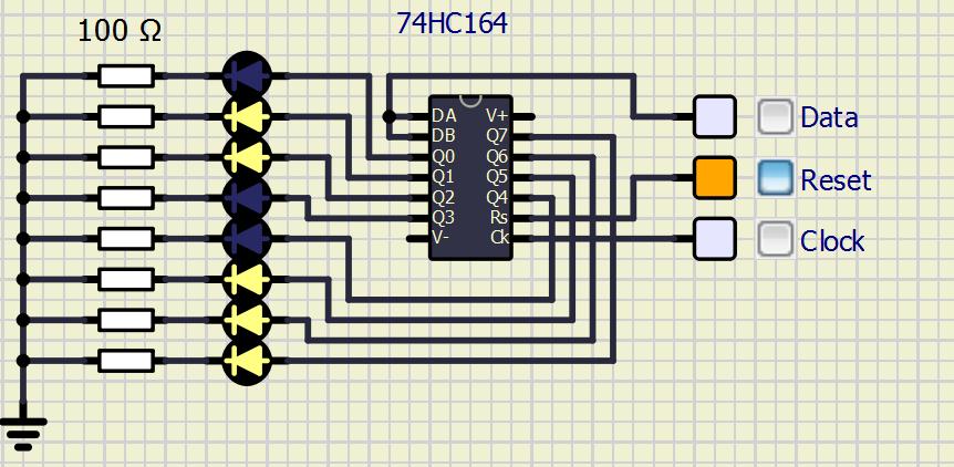 74HC164 vizsgálata szimulációval SimulIDE általános célú elektronikus áramkörszimulációs program, analóg és digitális áramkörökhöz, illetve PIC és AVR mikrovezérlőkhöz. Link: sourceforge.
