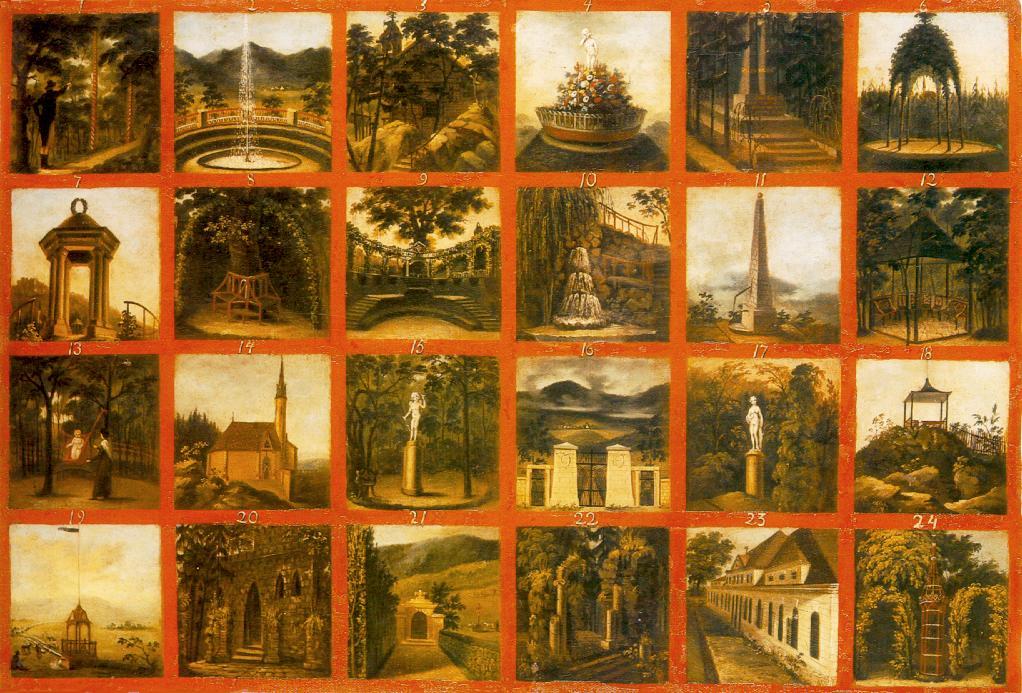 Csáky Emánuel a kert elkészülte után röviddel megbízta Rombauer János festőművészt (1782-1849), hogy készítsen látványképeket a kert fontosabb pontjairól és építményeiről.