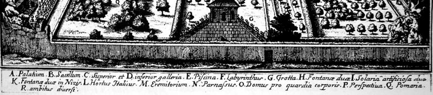 A metszethez tartozó jelmagyarázat könnyen beazonosíthatóvá teszi a kert részleteit és építményeit, együtt olvasva Johann Jakob (Joachim) Müller egykorú kertleírásával (1658; 1714), 472 vagy Matthias