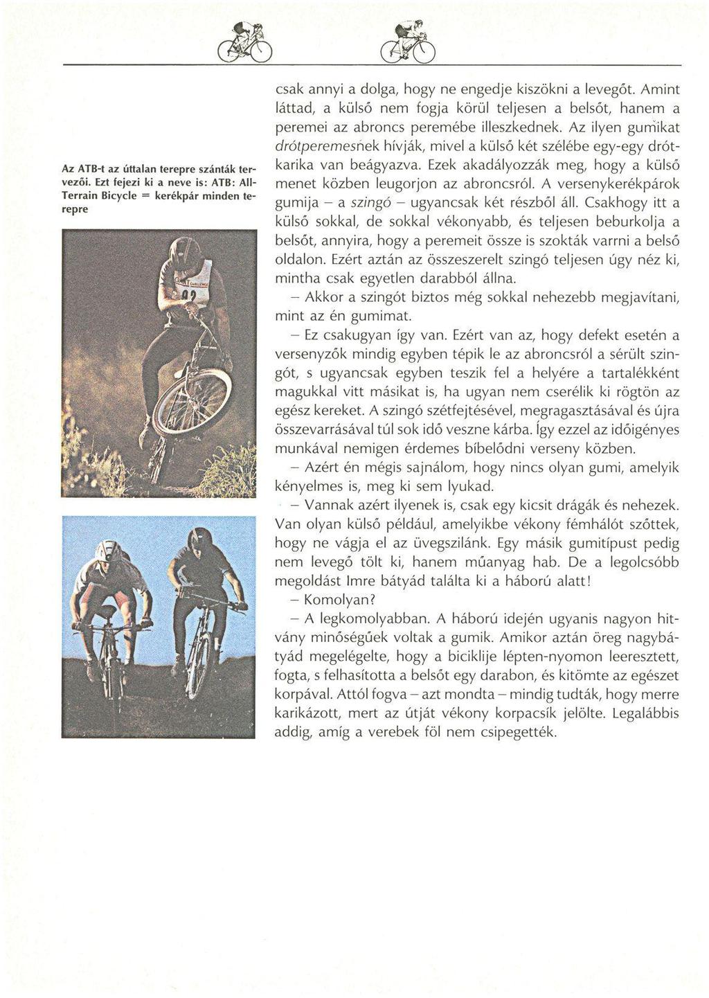 Az AT B-t az úttalan terepre szánták tervezői. Ezt fejezi ki a neve is: ATB: All- Terrain Bicycle = kerékpár minden terepre csak annyi a dolga, hogy ne engedje kiszökni a levegőt.