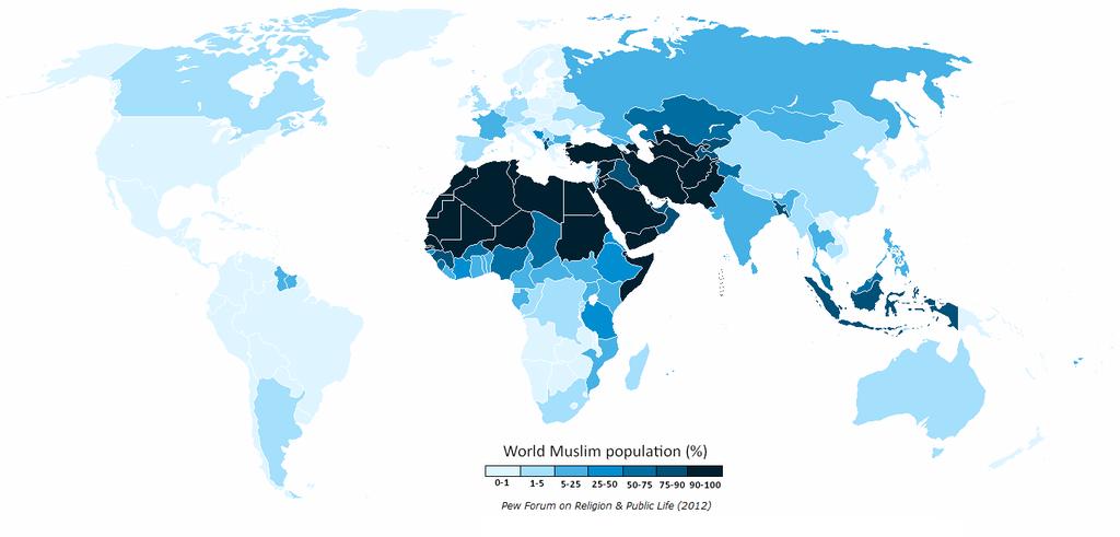 Az iszlám hívők százalékos megoszlása a Földön 2009-ben By HaireDunya - A feltöltő saját munkája from a blank map, the reference of the map
