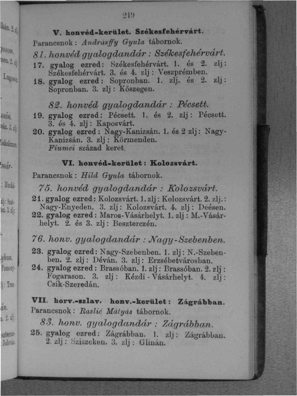 V. honvéd-kerület. Székesfehérvárt, I :trallcsnok: A II cll'ús.!ly Gyula tábornok. 81. honvéd gycljlogdandár: Bzékesfehérvárt. 17. gyalog ezred: Székesfehét'várt. 1. és 2. zlj: Székesfehél'várt.