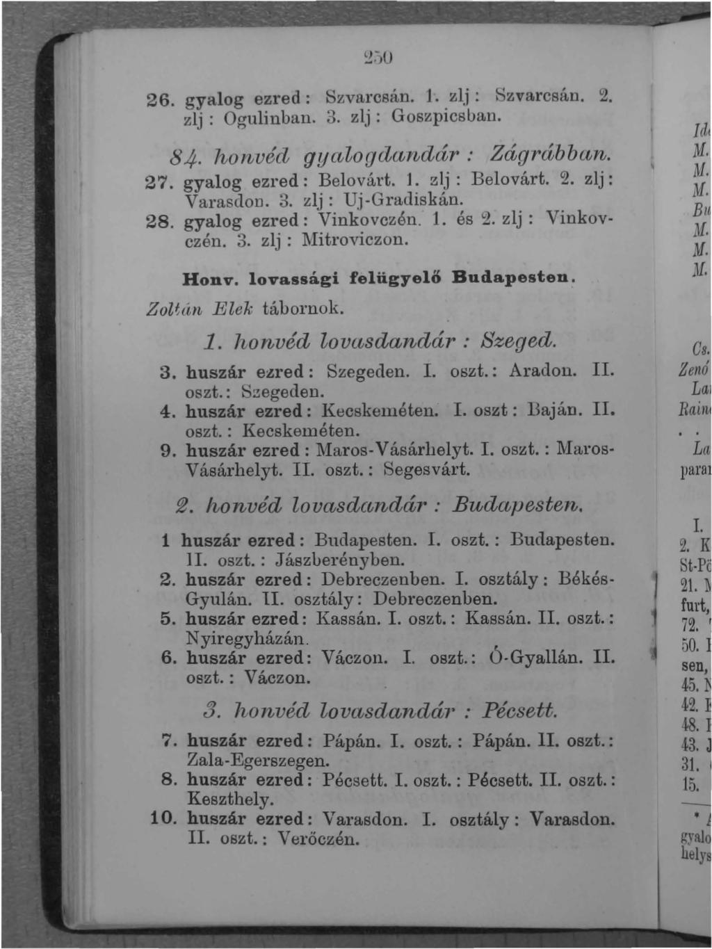 26. gyalog ezred: SZYl1l'csán. J. zlj: Rzvarcsán. 2. zlj: Ogulinban. 3. zlj: Goszpicsban. 84. honvéd gyalogclclind(ir: ZágrábbclIn. 27. gyalog ezred: Belovárt. J. zlj: Belovárt. 2. zlj: Varasclon. 3. zlj: Uj -Gra<.