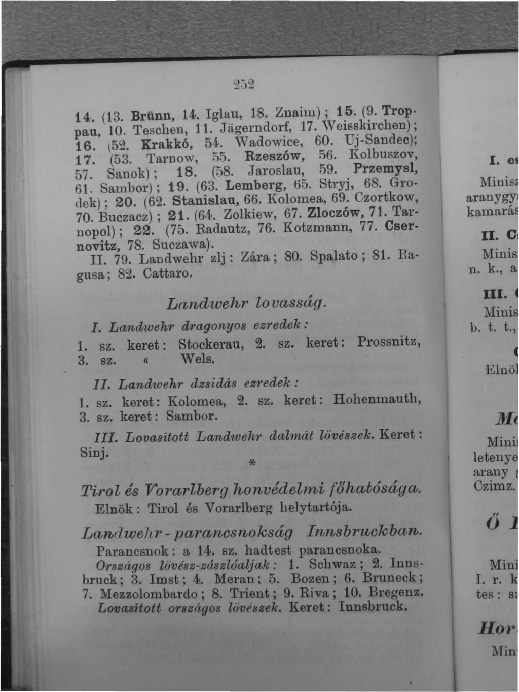 14. (13. Brünn, 14. Iglau, 18. Znailll); 15. (9. Trop. pau, 10. Teschen, 11. Jagerndorf, 17. Weisskirchen); 16. (52. Krakkó, 54. Wadowice, 60. Uj-Sandec); 17. (53. Tarnow, 55. Rzeszów, n6.
