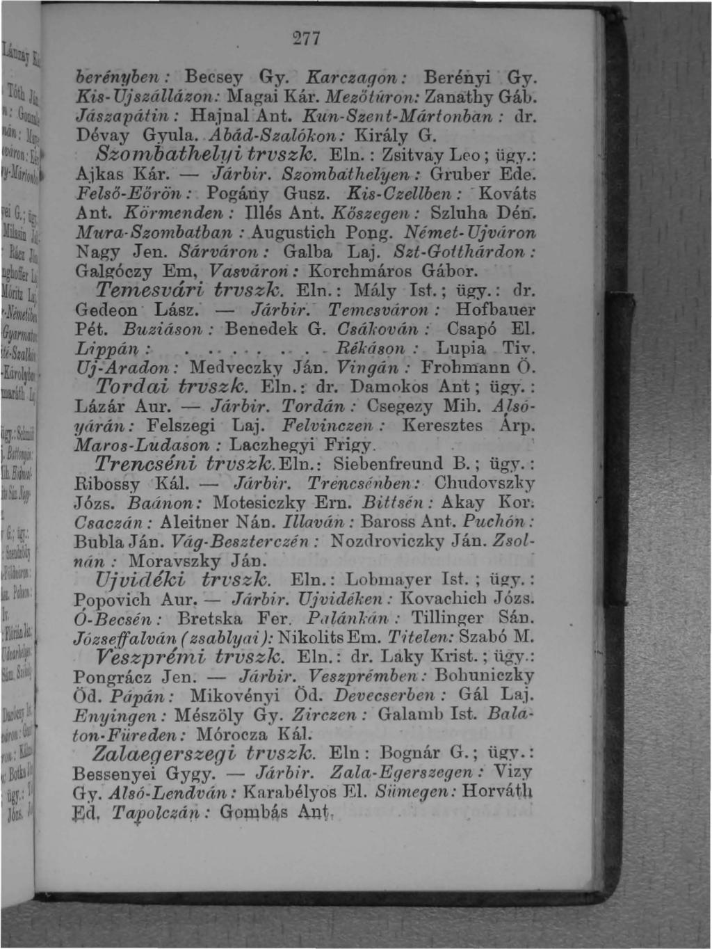 277 berényben.. Becsey Gy. Karczagon : Berényi Gy, Kis- UjszállázOJl: l\-iagai Kál'. ][ezőuó'on: Zanathy GáL. Jászapátin: Hajnal Ant. K'lln-Sze1/t-Mártonban.. dr. Dévay Gyula. Abád-Szalókon.. Király G.