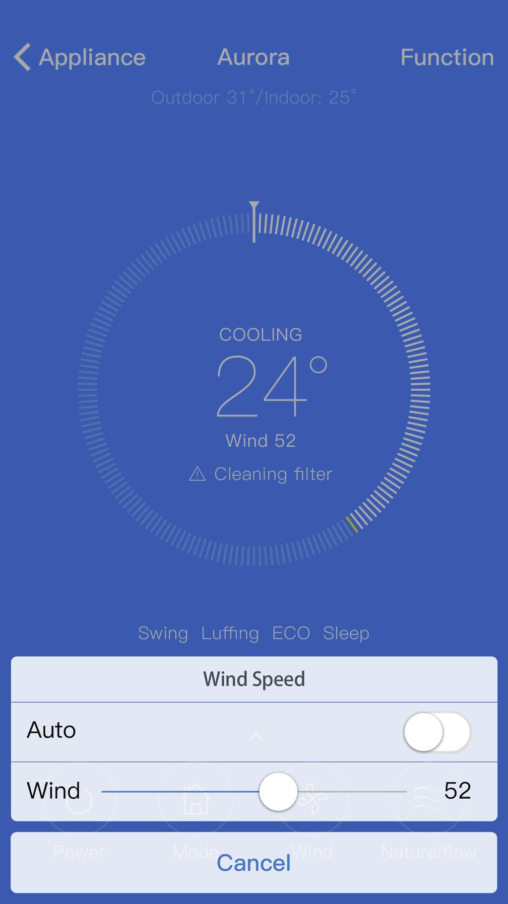 Appliance Aurora Function Outdoor 31 /Indoor: 25 Humidity 53% COOLING 24 Wind 52 Cleaning