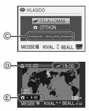 (31. o.) Válassza ki a [BEÁLLÍTÁS] menü [VILÁGIDÔ] menüpontját, majd nyomja meg a gombot. A készülék elsô használatakor a [OTTHONI TERÜLET BE- ÁLLÍTÁSA] üzenet látszik.