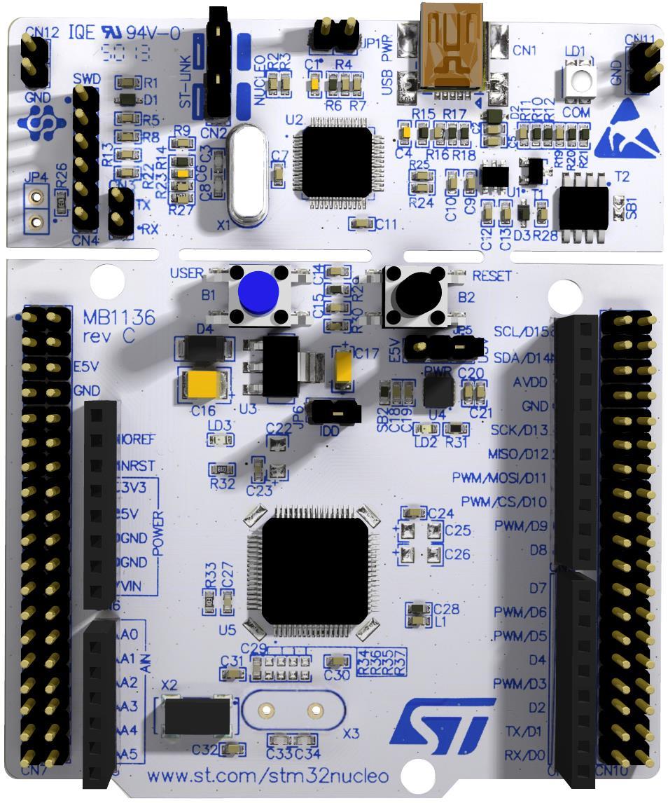 Példa: 32-bites mikrovezérlő ST Nucleo-64 board On-board ST-LINK/V2 USB programletöltő / debugger STM32F401RE mikrovezérlő ARM Cortex M3