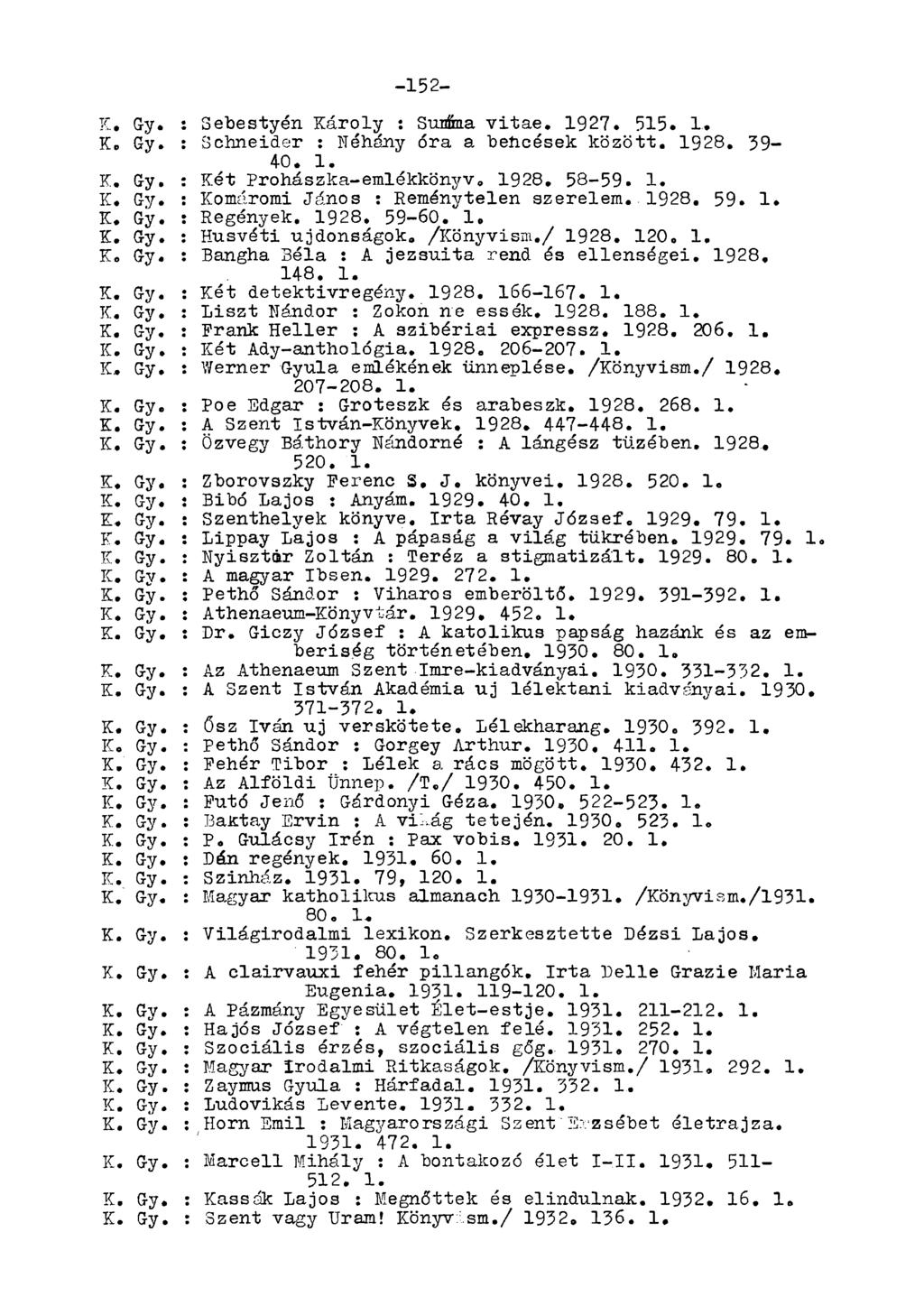 -152- K. Gy. : Sebestyén Károly : Sunőua vitae. 1927. 515. 1. K. Gy. : Schneider : Néhány óra a behcések között. 1928. 39-40. 1. K. Gy. : Két Prohászka-emlékkönyv. 1928. 58-59. 1. K. Gy. : Komáromi János : Reménytelen szerelem.