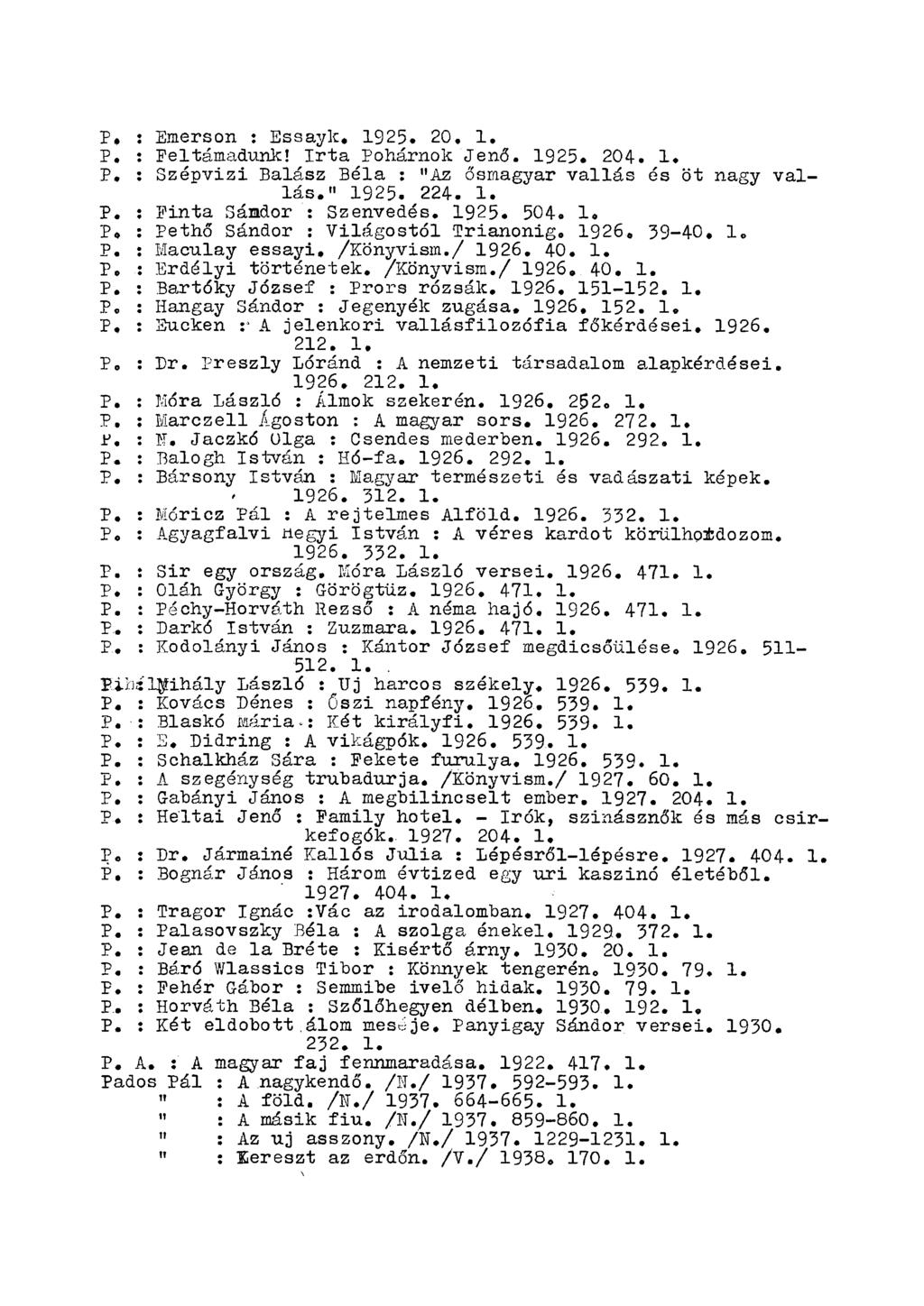 P. : Emerson : Essayk. 1925. 20, 1, P, : Feltámadunk! Irta Pohárnok Jenő. 1925. 204, 1. P, : Szépvizi Balász Béla : "Az ősmagyar vallás és öt nagy vallás." 1925. 224. 1. P. : Finta Sándor : Szenvedés.