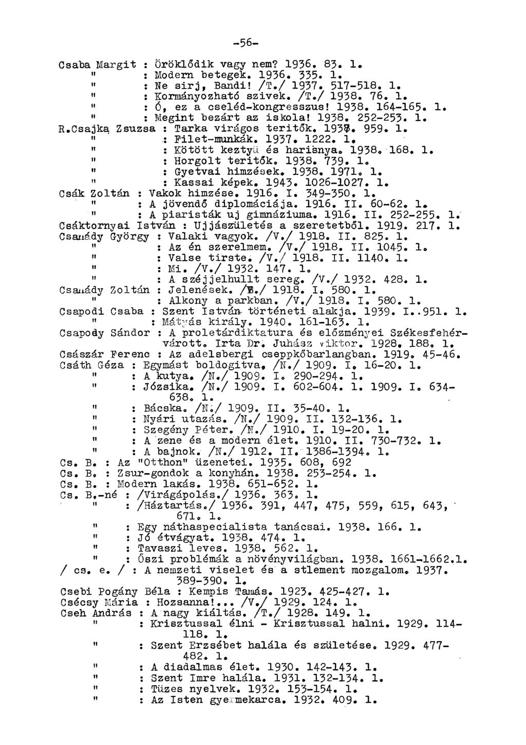 -56- Csaba Margit : öröklődik vagy nem? 1936. 83«1. " : Modern betegek. 1936. 335. 1.» : Ne sirj, Bandi! /T./ 1937. 517-518. 1. " : Kormányozható szivek. /T./ 1938. 76.
