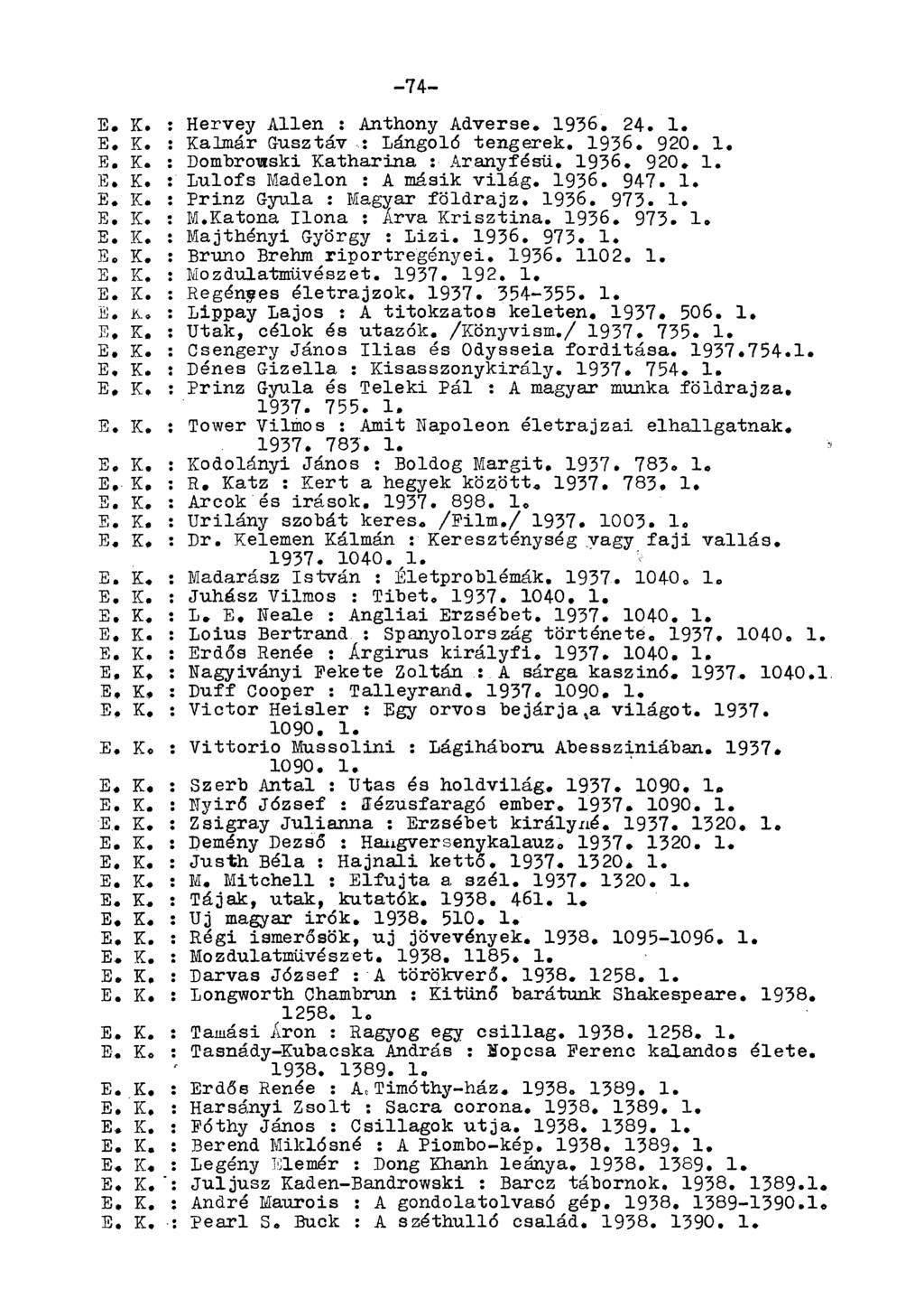 -74- E. K. : Hervey Allén : Anthony Adverse. 1936. 24. 1. E. K. : Kalmár Gusztáv Lángoló tengerek. 1936. 920, 1. E. K. : Dombrowski Katharina : Aranyfésü. 1936. 920. 1. E. K. : Lulofs Madelon : A másik világ.