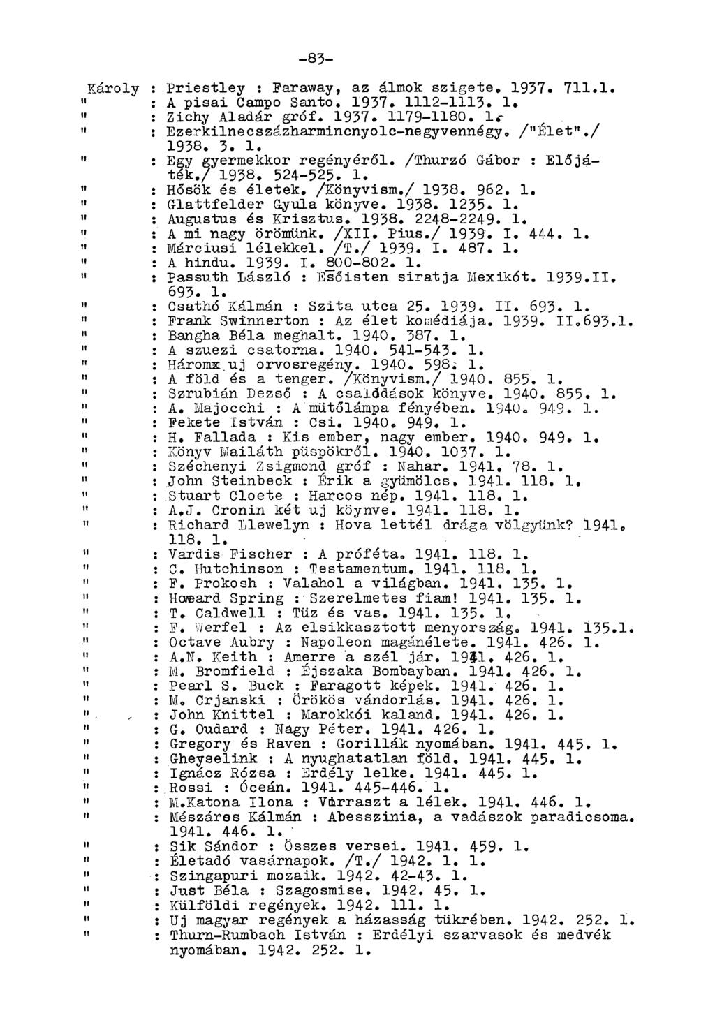 -83- Károly : Priestley : Faraway, az álmok szigete, 1937. 7.1. " : A pisai Campo Santo, 1937. 12-13. 1. " : Zichy Aladár gróf, 1937. 79-80.