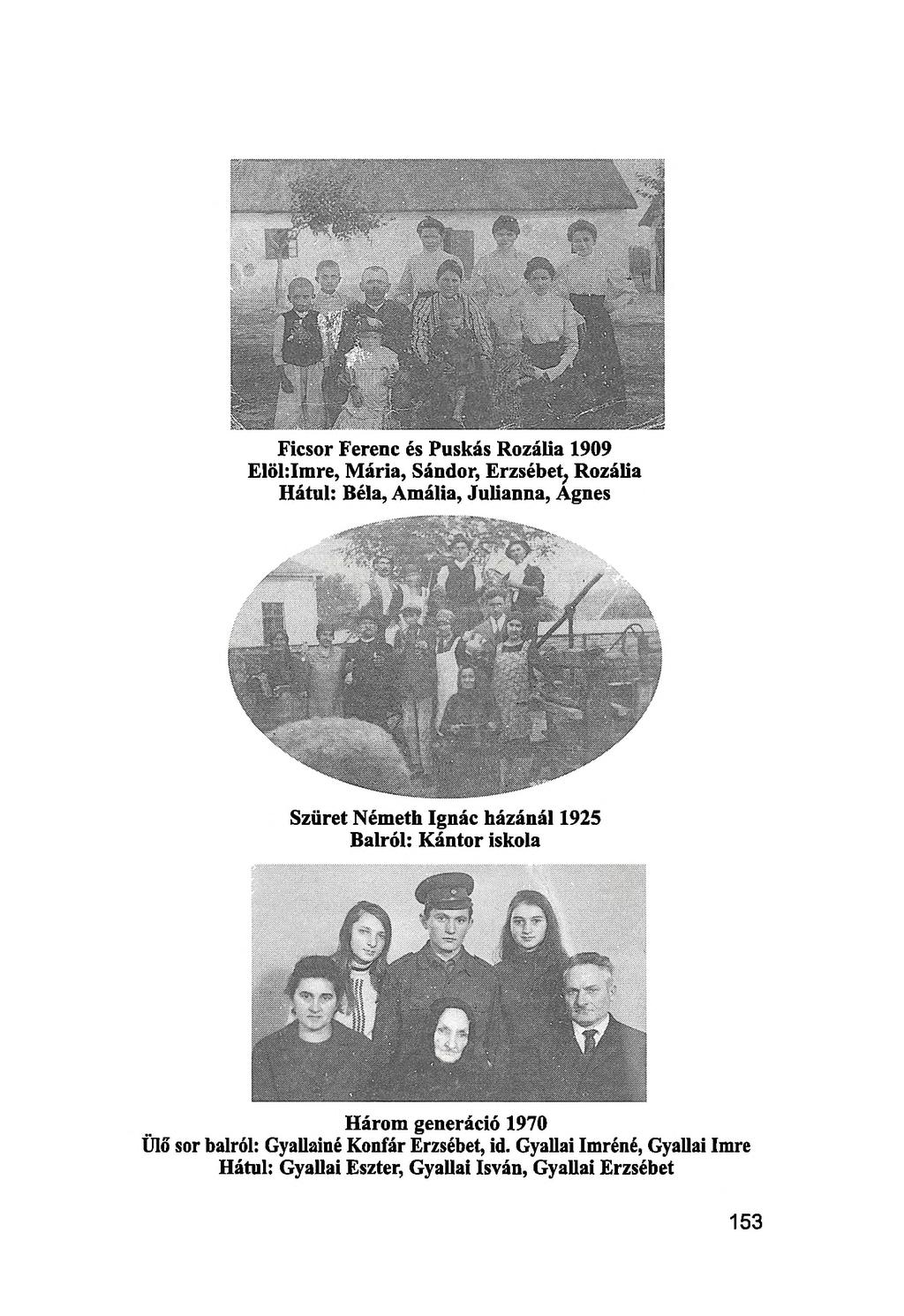 Ficsor Ferenc és Puskás Rozália 1909 Elöl:Imre, Mária, Sándor, Erzsébet, Rozália Hátul: Béla, Amália, Julianna, Ágnes Szüret Németh Ignác házánál 1925 Balról:
