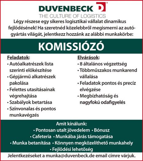 com KIEMELT alapbérrel és egyéb juttatásokkal gépkezelő pozícióba keresünk munkatársakat háromműszakos munkarendbe. Jelentkezés: Trenkwalder Kft. 6000 Kecskemét, Batthyány utca 10. Tel.