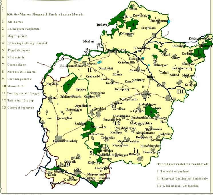 A Körös-Maros Nemzeti Park részterületei: 1. Kis-Sárrét 2. Bélmegyeri Fáspuszta 3. Mágor-puszta 4. Dévaványai-Ecsegi puszták 5. Kígyósi-puszta 6.