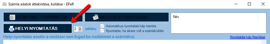 helyben nyomtat gomb aktív. Ahhoz, hogy elkészüljön a számla rá kell kattintani a helyben nyomtat feliratra. A számla (nem a nem adóügyi bizonylat) két példánya azonnal nyomtatásra kerül.