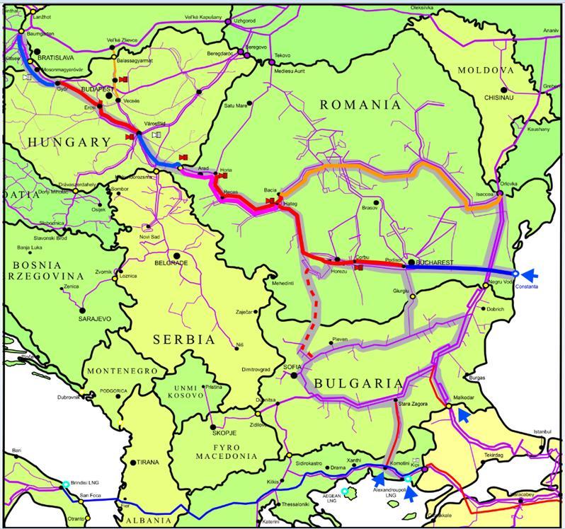 31. ábra: BG-RO-HU-AT szállítási folyosó (Forrás: FGSZ Zrt 2016) TRA-N-325 Slovenian-Hungarian interconnector A projekt 40 km hosszú DN500, PN63 méretű földgázszállító vezeték létesítését célozza