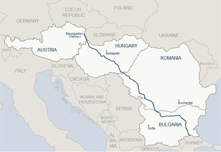NABUCCO - Műszaki adatok Tények és adatok Szállítási kapacitás: 10 23 md m 3 /év Vezeték átmérője: 48 (DN1200) Vezeték hossza: ~1300 km Bulgária: 413 km Románia: 470 km Magyarország: 380 km