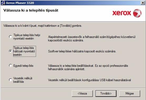 Nyomtatás Windowsból 4. Válassza ki a Tipikus telepítés hálózati nyomtató esetén opciót, majd kattintson a Tovább gombra. Megjegyzés: Útmutató az egyéni telepítéshez: Egyéni telepítés oldal: 29. 5.
