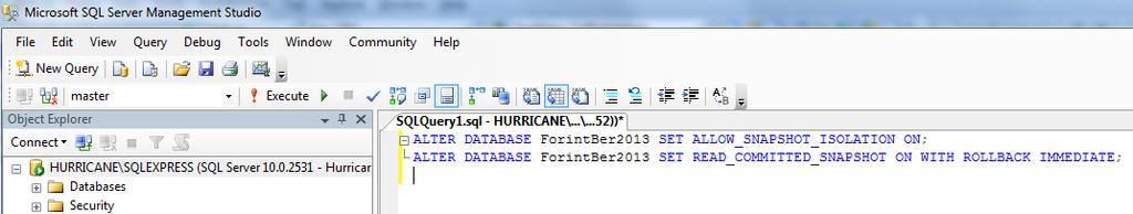 Az SQL Management Studio-ban a New Query gomb megnyomásával nyissunk egy új ablakot majd másoljuk be a következő parancsot: ALTER DATABASE adatbázis_név SET