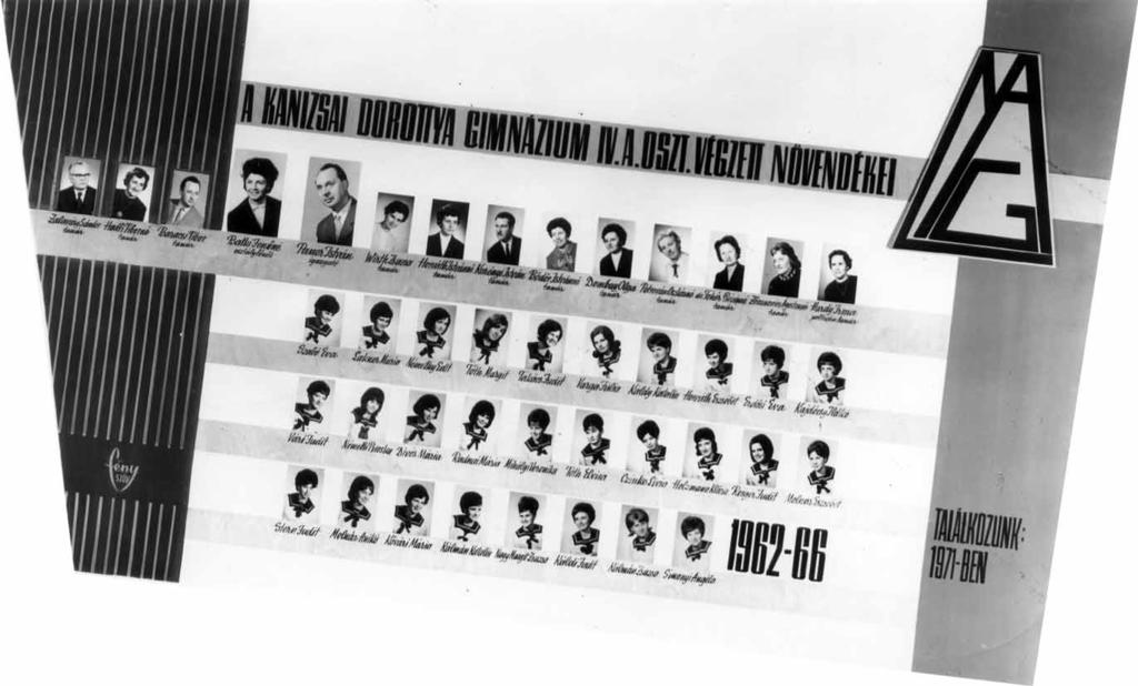 69 1965/66. tanév, IV. A Diákok soronként: 1. sor: Szabó Éva, Lakner Mária, Némethy Edit, Tóth Margit, Takács Judit, Varga Júlia, Káldy Katalin, Horváth Erzsébet, Erdõsi Éva, Kajdócsy Ildikó; 2.
