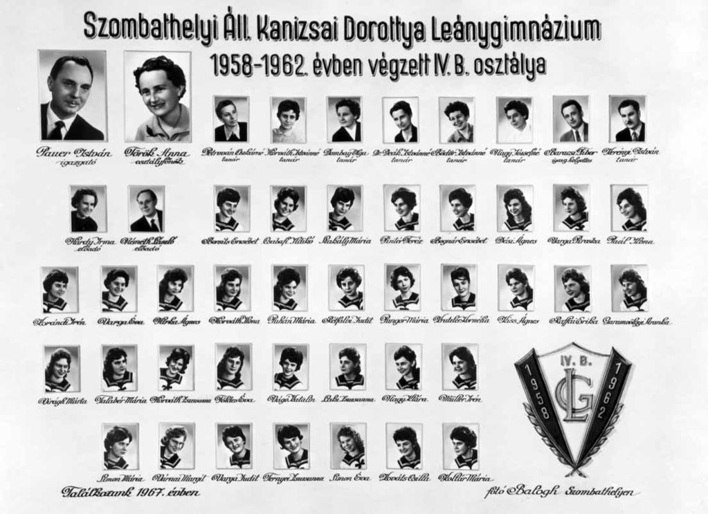 1958-1962 Tablók könyve 1961/62. tanév, IV. B Diákok soronként: 1. sor: Borsits Erzsébet, Csabafi Ildikó, Szakály Mária, Pintér Teréz, Bognár Erzsébet, Dési Ágnes, Varga Piroska, Paál Ilona; 2.